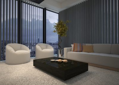 Evening in a modern comfortable living room lit by a warm welcom